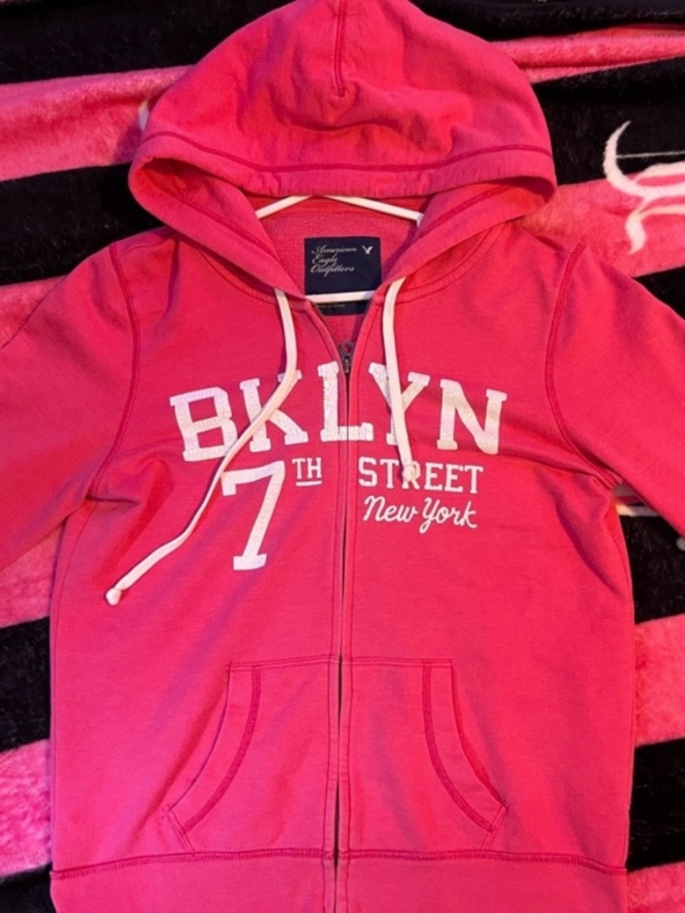 American Eagle Pink BKLYN Zip Hoodie with Hood and Drawstrings LIMITED EDITION